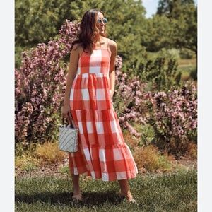 Lou & Grey Coral White Waffle Cotton Large Check Tiered Smock back Sundress SM